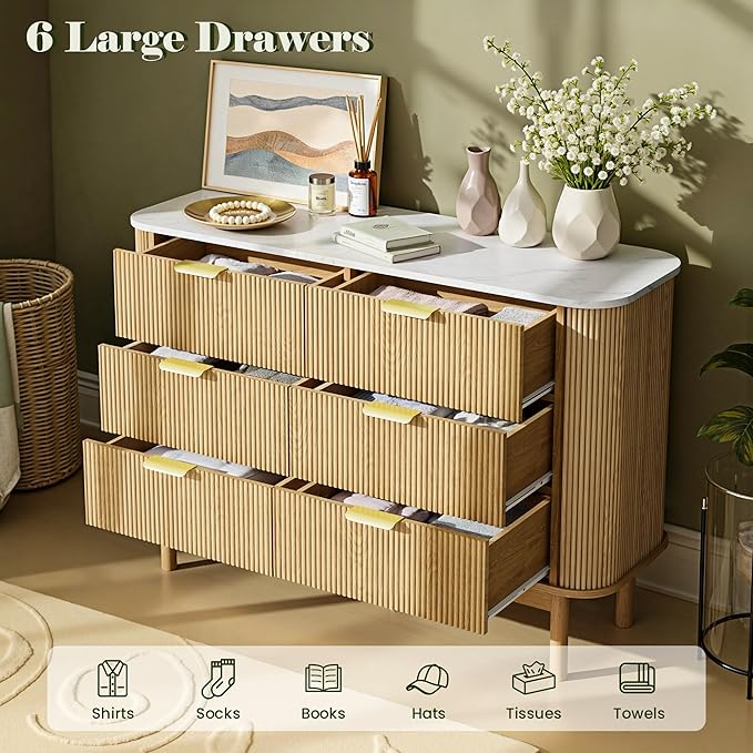 Fluted 6 Drawer Storage Cabinet, 47" Wide Chest of Drawers with Faux Marble Top & Curved Profile Design, Modern Buffet Cabinet, Wood Sideboard for Living Room, Hallway, Natural