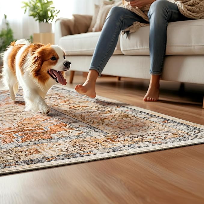 Boho Area Rugs 6x9 Machine Washable Living Room Rug Non Slip with Rubber Backing Soft Faux Fur Low Pile Stain Resistant Vintage Floral Carpet Rugs for Bedroom Dining Room Kids Room Office,Orange