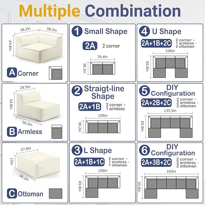 38“ Modular Sectional Sofa Convertible Cube Thick Couch Seat Set, Combine L-Shaped U-Shaped, Free Assembly, Space-Saving for Living Room, Fabric Chenille Beige White (Only Armless)