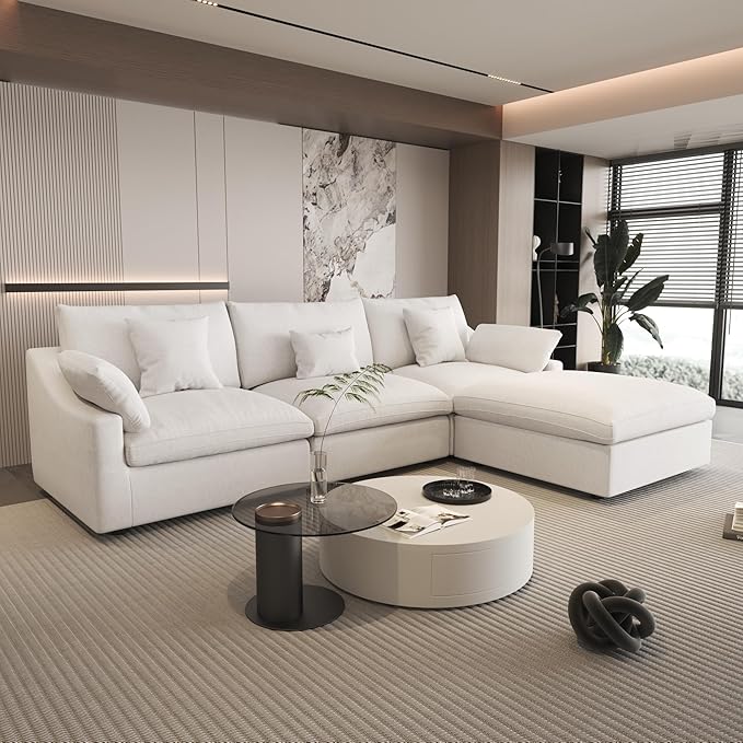 WJShome 120" Cloud Couch Sectional for Living Room, L Shape Down Filled Modular Sectional Sofa,Convertible Couch with Ottoman, Sofa Covers Washable&Replaceable,White