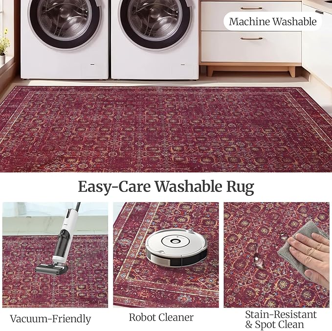 6x9 Soft Washable Area Rugs for Living Room and Bedroom, Non-Slip Stain Resistant Indoor Carpet, Cozy Floor Mat for Dining Room, Office, Under TableStain Resistant Persian red Floral
