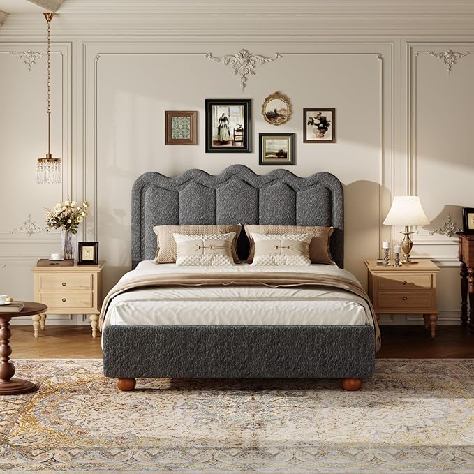 Queen Size Bed Frame with Headboard, Boucle Bed Frame, Soft Upholstered Platform Cloud Bedframe with Footboard, Solid Wood Legs, Solid Wooden Slats Support, No Box Spring Required, Easy Assembly