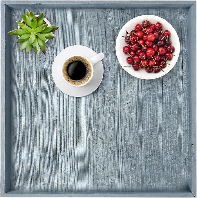 Wooden Ottoman Tray with Felt Pad – Decorative Couch Serving Tray Made with Real Rustic Reclaimed Wood - Perfect for Living Room Ottomans, Sofas, & Coffee Tables -18" x 18"- Slate Blue