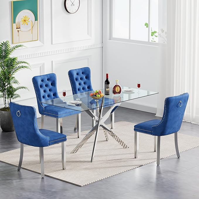 Goujxcy Glass Dining Table Set for 4, Modern Kitchen Table and Chairs Set of 4, 5-Piece Kitchen Dining Room Table Set w/61 Glass Silver Dining Table and 4 Blue Velvet Upholstered Chairs