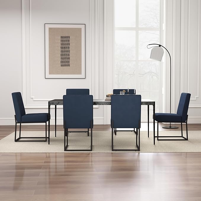 VKNOW Upholstered Dining Chairs Set of 6, Modern Dining Room Chairs, Linen Kitchen Chair Dinner Chair with Black Metal Base for Kitchen Office, Blue-Unstriped