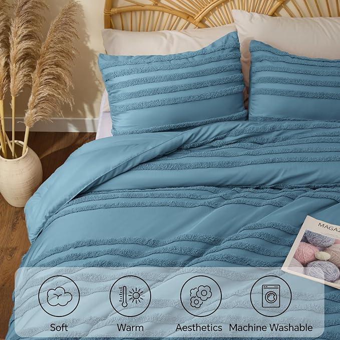 BEDELITE Boho Comforter Set Queen Size, Dusty Blue Tufted Striped Bed Set 3 Pieces, Soft Vintage Farmhouse Comforter for All Seasons, Boho Home Decor,Fluffy Jacquard Bedding with 2 Pillow Shams