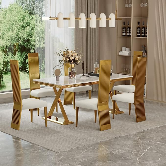 Gold Dining Chairs Set of 4, White Boucle Dining Chairs with Brushed Gold Stainless Steel Backrest and Legs, Modern Elegant Upholstered Dining Room Chairs for Dining Room Kitchen Restaurant