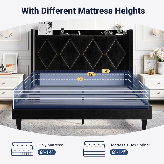 Allewie Velvet Full Size Upholstered Bed Frame with Wingback Storage Headboard & Charging Station, Platform Bed with Diamond Tufted Design & Gold Trim, No Box Spring Needed, Easy Assembly, Black