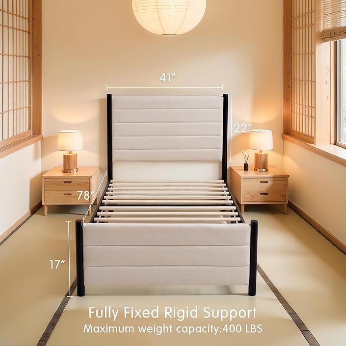 Hokway Bed Frame Upholstered Platform Bed with Headboard Wooden Slat Support No Box Spring Needed(Twin, Beige)