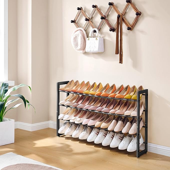 FAVOOSTY 4-Tier Expandable Shoe Rack, Adjustable Shoe Shelf Storage Organizer Space Saving Metal Free Standing Shoe Rack for Entryway Closet Doorway, Black