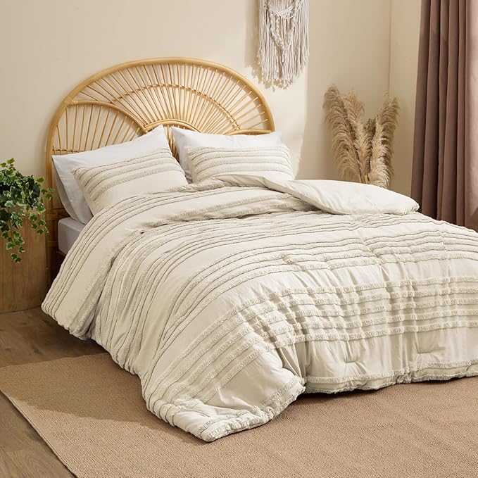 BEDELITE Boho King Size Comforter Set - Beige Tufted Striped Bed Set 3 Pieces, Soft Vintage Farmhouse Comforter for All Seasons, Boho Home Decor,Fluffy Jacquard Bedding with Pillow Sham