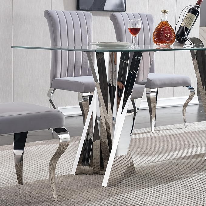 HomVent 70.08" Rectangular Clear Tempered Glass Dining Table,Stylish Design with Silver Stainless Steel Legs, Dining Table for Dining Room