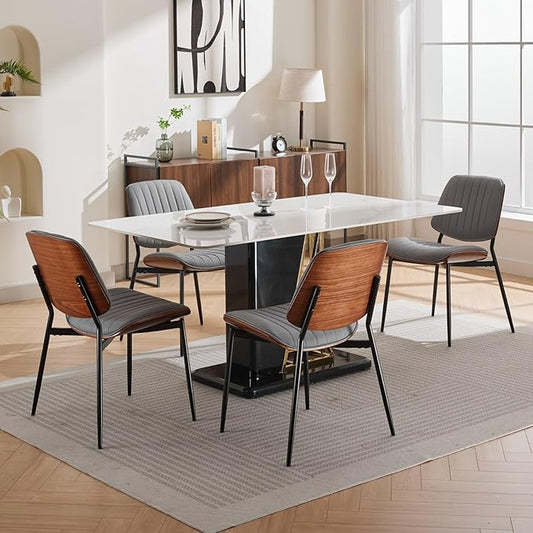 Dining Chairs Set of 8, Mid Century Modern Accent Dining Room and Kitchen Chairs, Upholstered PU Leather Vertical Stripe Chairs for Vanity with Walnut Bentwood and Metal Legs, Gray