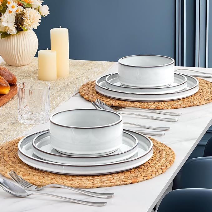 LIANYU Stoneware Dinnerware Dishes Sets for 4, 12 Piece Ceramic Plates and Bowls Dishware Set for Pasta Dessert Cereal, Rustic Terracotta Bottom, Microwave & Dishwasher Safe, Lucent White
