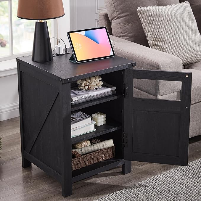 Nightstand with Charging Station, 18" Farmhouse End Table with Barn Door & Adjustable Shelf, Wood Sofa Side Table with 3-Tier Storage for Living Room, Bedroom, Black