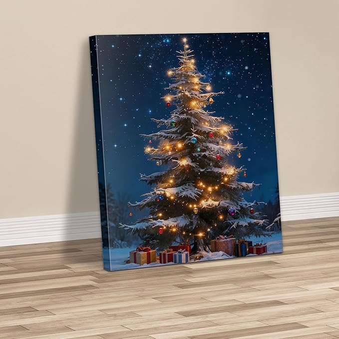 Framed Christmas Pictures Wall Decor,Vintage Pine Tree Prints,Winter Christmas Canvas Wall Art Decoration for Bedroom Bathroom Living Room Rustic Xmas Holiday Gifts (Christmas Tree 13, 16'' X 20'')