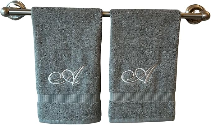 Gray Monogrammed Hand Towels for Bathroom - Luxury Hotel Quality Personalized Initial Embroidered Towel for Powder Room, Spa - GOTS Organic Certified - Set of 2 Silver Letter A