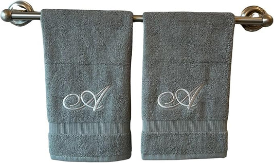 Gray Monogrammed Hand Towels for Bathroom - Luxury Hotel Quality Personalized Initial Embroidered Towel for Powder Room, Spa - GOTS Organic Certified - Set of 2 Silver Letter A