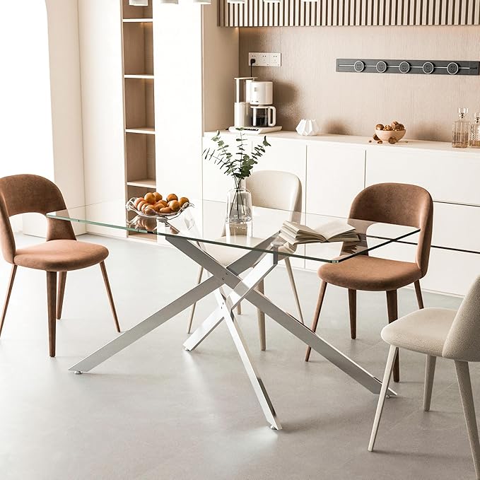60" Glass Dining Table Modern Kitchen Table for 4-6 People, Contemporary Rectangular Dining Room Dinner Tables with Clear Glass Top & Silver Metal X Legs for Kitchen Apartment