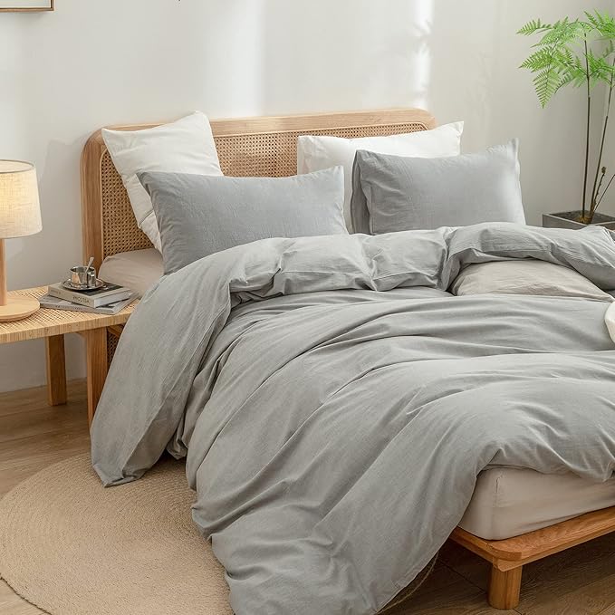 BESTOUCH Duvet Cover Set 100% Washed Cotton Linen Feel Super Soft Comfortable Chic Lightweight 3 PCs Home Bedding Set Solid Light Grey King