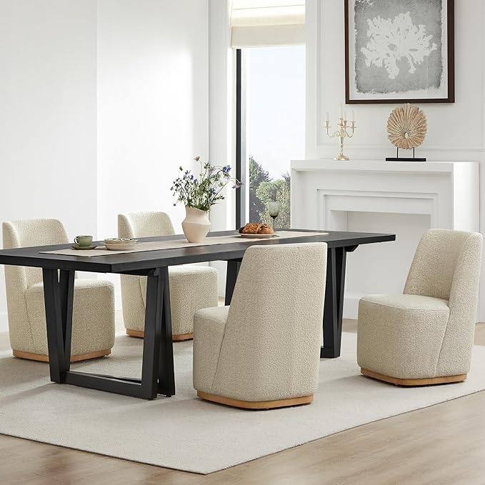 CHITA Upholstered Rolling Dining Chair on Casters Set of 2, FSC Certified Modern Fabric Dining Chair with Casters, Boucle Dining Chairs for Reading Room Waiting Room Kitchen Dining Room, Oatmeal