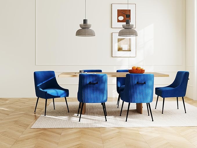 Velvet Dining Chairs Set of 6,Blue Upholstered Living Room Chairs with Black Metal Legs, Modern Tufted Accent Chairs for Living Room, Study Room, Kitchen