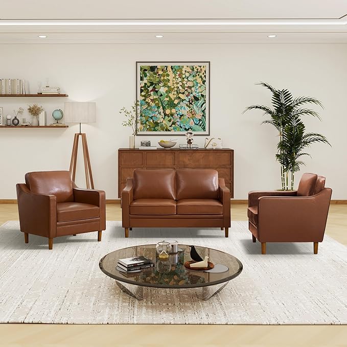 Kingfun Living Room Furniture Sets, 2 Armchair and Loveseat, Mid Century Modern Sofa Set, Faux Leather Couch with Solid Wood Frame for Living Room & Bedroom, Dark Brown