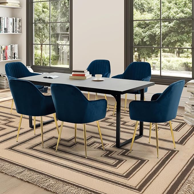 ECOTOUGE Modern Dining Chairs Set of 6, Upholstered Dining Room Chairs with Golden Metal Legs, Matte Velvet Kitchen Chairs for Dining Table, Accent Chairs for Living Room, Blue