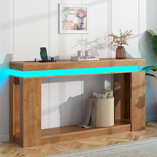 Loomie 63" Long Console Table with LED Lights & Power Outlet, 2-Tier Farmhouse Sofa Table Behind Couch with Storage, Narrow Entryway Tables with Heavy Duty Base for Living Room, Hallway (Natural)