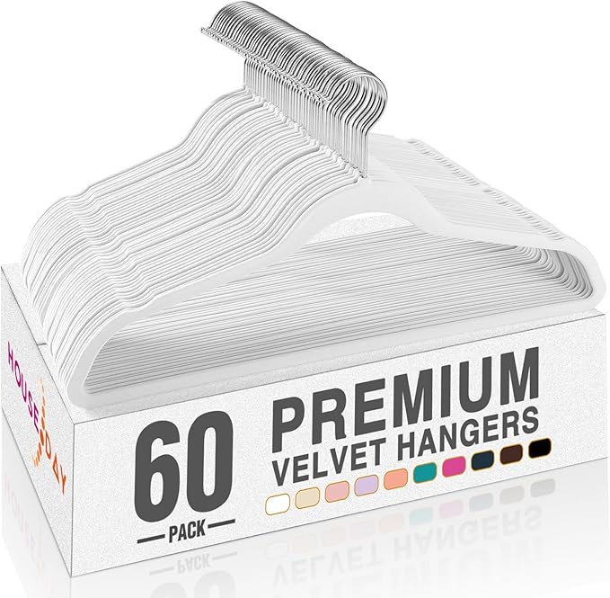 HOUSE DAY White Velvet Hangers 60 Pack, Non Slip Clothes Felt Hanger Heavy Duty for Coat, Premium Slim Space Saving Suit Hangers for Closet Organizer, 360° Rotating Silver Hook