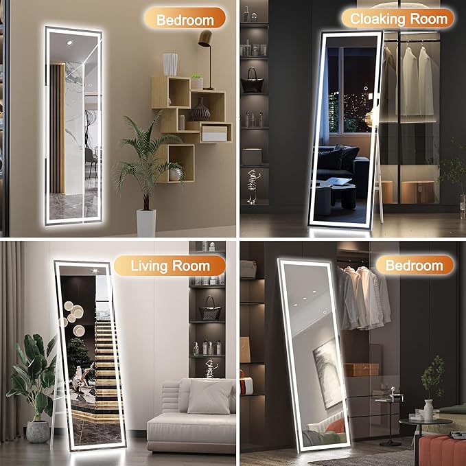 Hasipu Full Length Mirror with Lights, 56" x 15.8" LED Floor Mirror, Full Body Dressing Standing, Hanging Mounted Mirror for Living Room Bedroom Cloakroom, Square Black