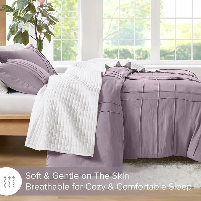 Comfort Spaces Purple Full Size Comforter Set - 3 Pieces Pintuck Pleated Bedding Sets, All Season Lightweight, Extra Softness Pre-Washed Microfiber Full Bed Set, Shams, Full