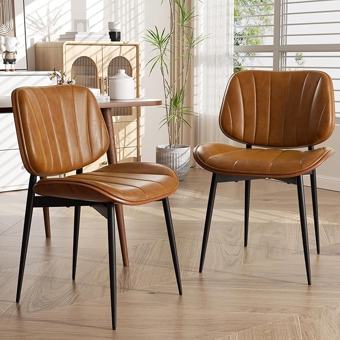 Dining Chairs Set of 6, Mid Century Modern Dining Room Chairs, Upholstered Faux Leather Kitchen Chairs with Walnut Bentwood Back and Metal Legs, Brown