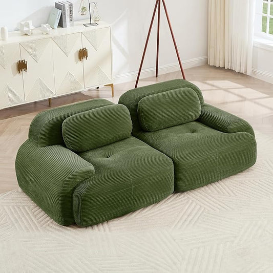 80" Modern Corduroy Boneless Love Seat Couches, 2 Seater Large Sectional Couches for Living Room, Green Cloud Modular Sectional Sofa, Memory Foam, Extra Deep Loveseat, No Assembly