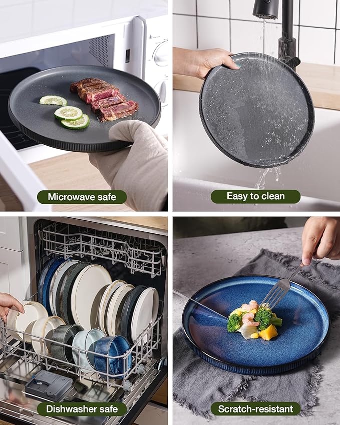 famiware Star Dinnerware Sets, Plates and Bowls Set for 4, 12 Pieces Ribbed Dishes - Chip and Scratch Resistant, Microwave and Dishwasher Safe Tableware, Matte Dark Charcoal