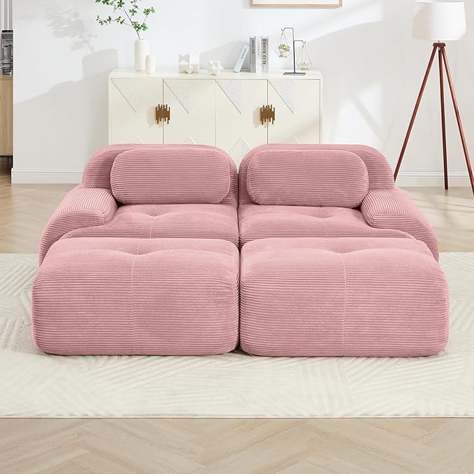 80" Modern Corduroy Boneless Love Seat Couches with 2 Ottomans, 2 Seater Large Sectional Couches for Living Room, Pink Cloud Modular Sectional Sofa, Memory Foam, Extra Deep Loveseat, No Assembly