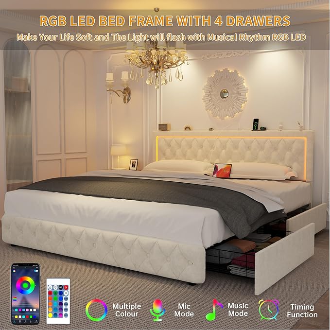 Queen Bed Frame with 4 Storage Drawers, Velvet Upholstered Bed Frame Queen Size with Charging Station and LED Lights, 46" Adjustable Button Tufted Headboard, No Box Spring Needed, Beige