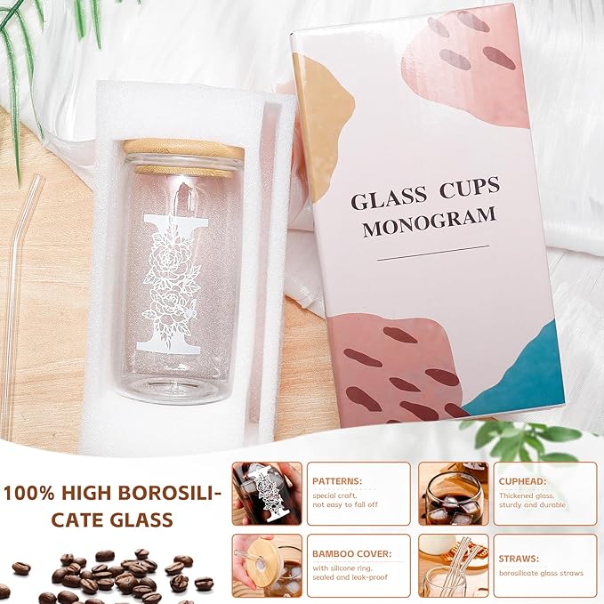Christmas Gifts for Women: Initial Glass Cup as Office Graduation Memorial Holiday Personalized Gifts - for Mom Grandma Wife Girlfriend Sister Daughter Friend Christmas Gifts - I Aesthetic Cup