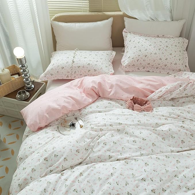 Girl Floral Duvet Cover Twin Pink White Flower Print Bedding Sets Garden Style Flower Comforter Cover Cotton Aesthetic Bedding Cover Chic Floral Bedroom Collection 1 Duvet Cover with 2 Pillowcases