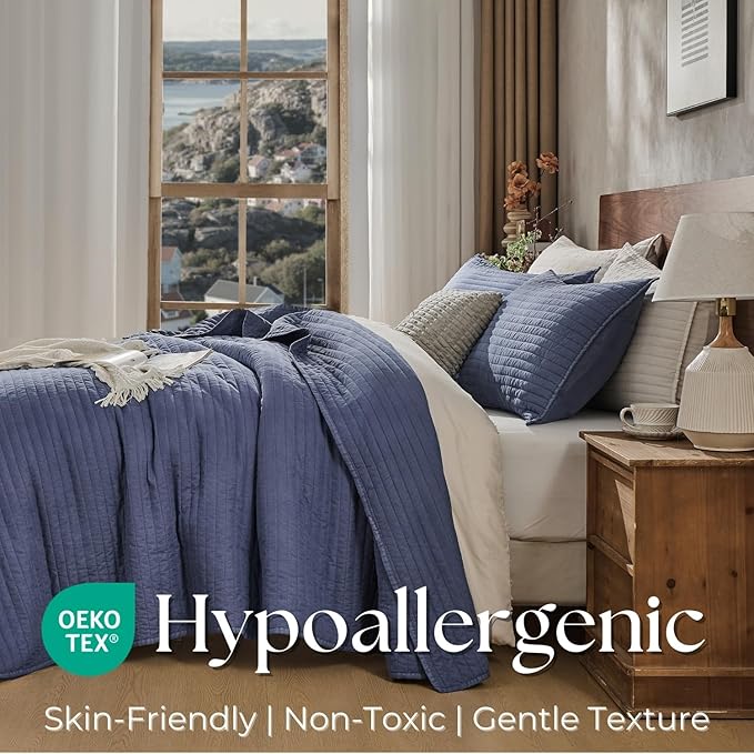 DOWN HOME Queen Quilt Bedding Set with Shams, Vintage Washed Soft Quilted Blanket Thin Comforter Lightweight Bedspread Coverlet Bed Cover, Brushed Microfiber Stripe Stitching, Vintage Denim, 86"x90"