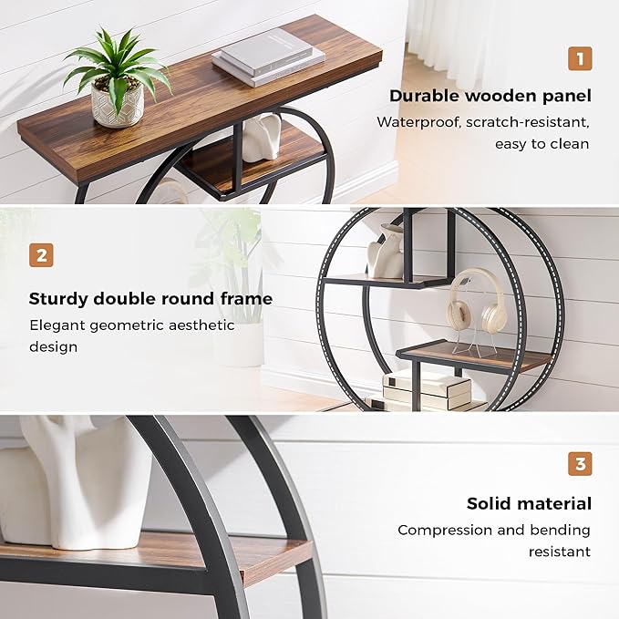41.3" Sofa Table, Industrial 4-Tier Entryway Table with Circle Base and 1.7" Thickened Top, Narrow Console Table with Storage for Living Room, Hallway, Foyer, Rustic Brown