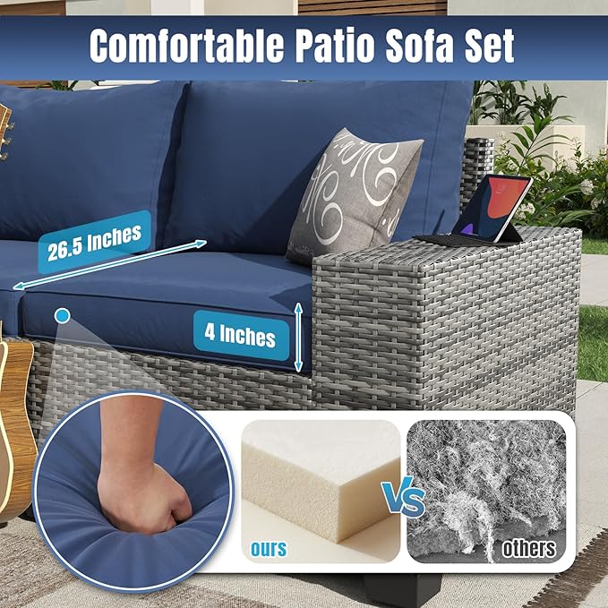 Aoxun 7 Pieces Patio Furniture Set with 40” Fire Pit Table Wicker Rattan Outdoor Sectional Conversation Set with Coffee Table and 4” Thickened Cushions, Blue(Waterproof Cover Included)