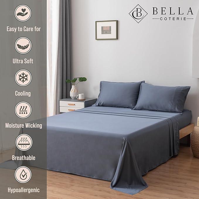 Bella Coterie Luxury Bamboo Viscose Split King Size Sheet Set | 2 Fitted Sheets for Sleep Number & Adjustable Beds | 100% Organically Grown | Cooling & Ultra Soft | 18” Deep Pocket [Slate Blue]