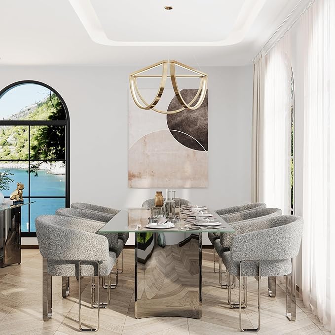 Asday 78" Glass Dining Table, Silver Dining Room Table with Double Pedestal Mirrored Stainless Steel Base, Large Modern Rectangular Kitchen Table for 6-8