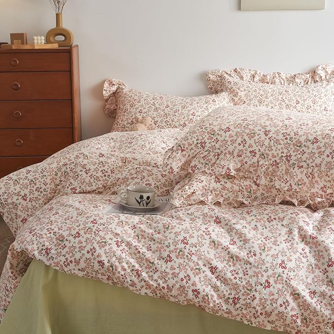 Girls Duvet Cover Pink Red Flower Duvet Cover 100% Cotton Floral Comforter Cover Vintage Boho Floral Bedding Set Queen Botanical Cottagecore Comforter Cover Queen Duvet Cover with Ruffle Pillowcases