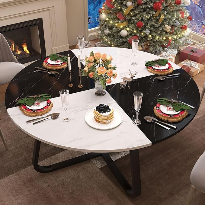 LVB Round Marble Dining Table, Modern Wood Metal Kitchen Dining Table, Industrial Small Dinner Room Table for 4 to 6 People for Living Room, Home, Apartment,Black and White Marble, 42 Inch