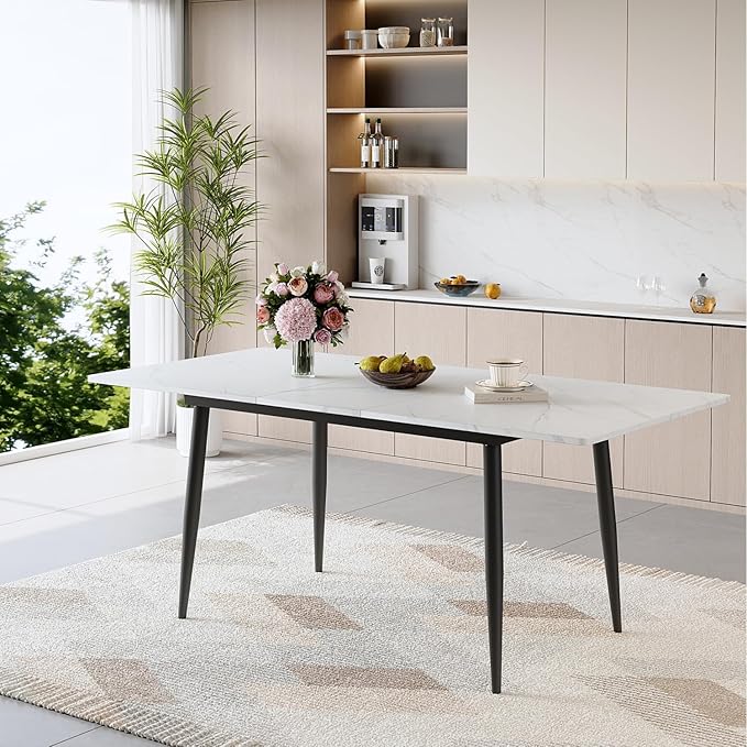 59"-75" White Extendable Dining Table for 6–8, Modern Rectangular Kitchen Dining Table with Black Metal Legs, Durable MDF Top, Space-Saving Expandable Dinner Table for Dining Room or Apartment