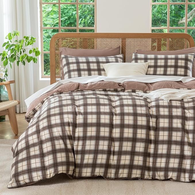 Comforter Set King Plaid 3 Pieces Soft Crinkle Gauze Fabric Plaid Bedding, Vintage Style Checkered Gingham Comforter Set for All Seasons Luxury Warmth Comfy Breathable with 2 Pillowcases