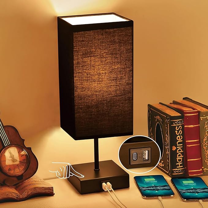 Sailstar Table Lamp for Bedroom, 3 Way Dimmable Touch Bedside Lamp, Small Lamp with 2 USB C+A Charging Ports, Black Nightstand Lamps for End Table, Living Room, Desk, Bulb Included