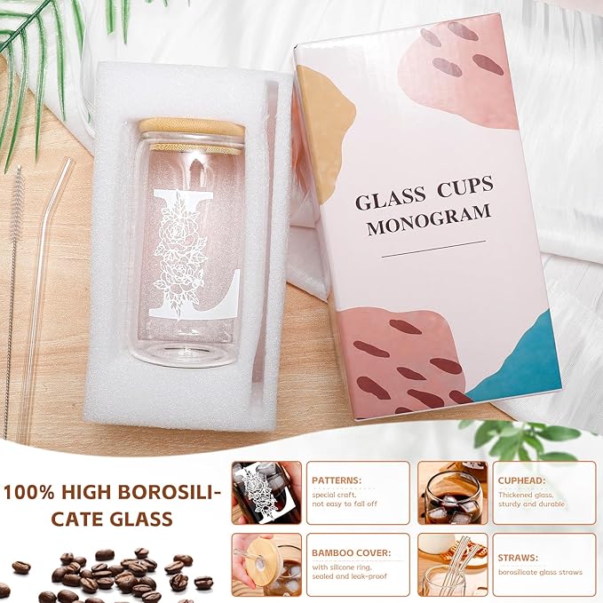 Christmas Gifts for Women: Initial Glass Cup as Office Graduation Memorial Holiday Personalized Gifts - for Mom Grandma Wife Girlfriend Sister Daughter Friend Christmas Gifts - L Aesthetic Cup